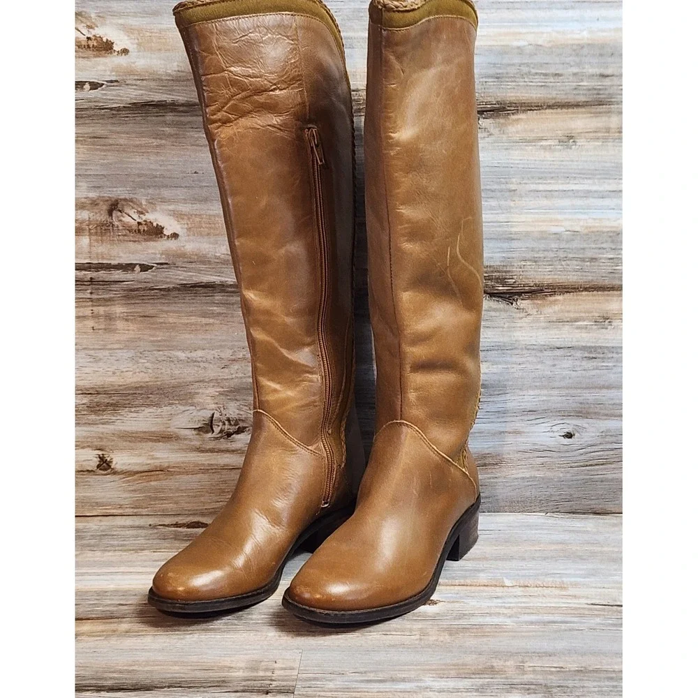 Tan Leather Knee High Equestrian Boots with Braided Trim Size 9